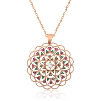 Luz&Pos Gümüş Rose Geometrik Desenli Madalyon Kolye