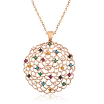 Luz&Pos Gümüş Rose Geometrik Desenli Madalyon Kolye