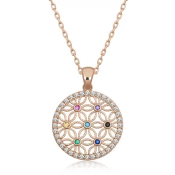 Luz&Pos Gümüş Rose Renkli Taşlı Yaşam Çiçeği Kadın Kolye