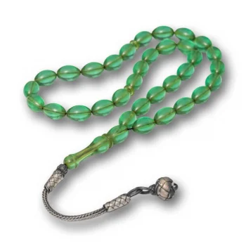 Luz&Pos Gümüş Top Kazaz Püsküllü Yeşil Sıkma Kehribar Tesbih