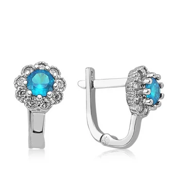 Luz&Pos Gümüş Turkuaz Çiçek Desenli Yuvarlak J Kadın Küpe