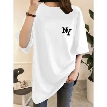 Luz&Pos Kadın Eğlenceli Harf Ny Baskılı Bisiklet Yaka Tişört - Rahat Polyester, Makinede Yıkanabilir - Yaz Ve Fitness İçin Mükemmel, Yuvarlak Yaka- Beyaz