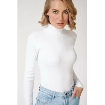 Luz&Pos Kadın Kaşkorse Boğazlı Full Likralı Fitilli Body Kazak - Beyaz