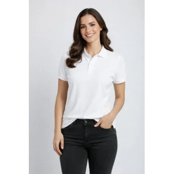 Luz&Pos Kadın Pike Kumaş Düğmeli Yaka Regular Rahat Günlük Kısa Kol Tişört T-shirt - Beyaz