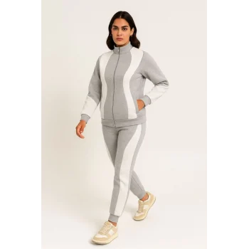 Luz&Pos Kadın Premium Parçalı Eşofman Takım - Dik Yaka Fermuarlı Sweatshirt - Gri
