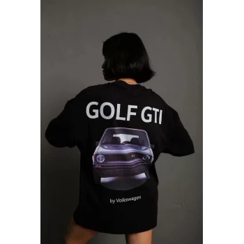 Luz&Pos Kadın Oversize Baskılı Tişört – Golf Gtı Retro Araba Desenli, Ön & Arka Dijital Baskı, Sokak Modası Stil - Siyah