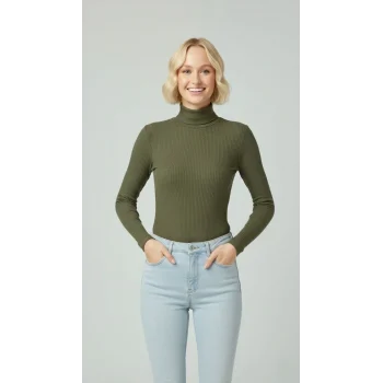 Luz&Pos Kadın Tam Boğazlı Fitilli Likrali Kaşkorse Badi İnce Uzun Kollu Rahat Kazak - Haki