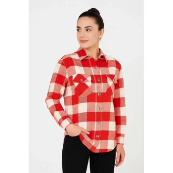 Luz&Pos Kadın Oduncu Gömlek – Uzun Kollu, Şardonlu Kumaş, Kırmızı Beyaz Kareli Desen, Regular Fit, Çift Cepli, Manşetli Günlük Şık Stil - Bordo