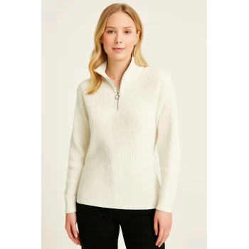 Luz&Pos Kadın Yarım Fermuarlı Triko Kazak – Selanik Örgü, Dik Yaka, Pamuklu Dokuma, Oversize Uzun Kollu Kışlık Model - Beyaz