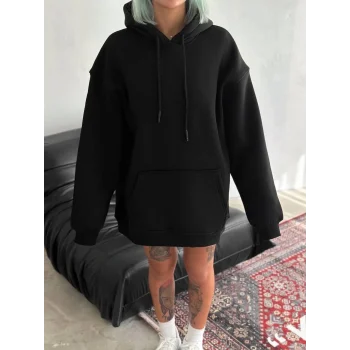 Luz&Pos Kapüşonlu Üç İplik Penye Basic Sweatshirt - Siyah