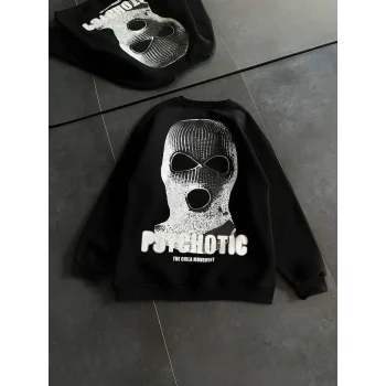 Luz&Pos Kışlık Bisiklet Yaka Baskılı Sweatshirt - Siyah