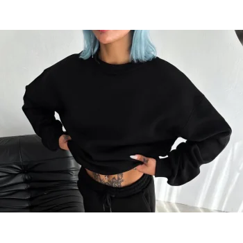 Luz&Pos Kışlık Bisiklet Yaka Üç İplik Basic Sweatshirt - Siyah