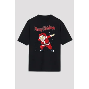 Luz&Pos Merry Christmas Baskılı Noel Babalı T-shirt - Siyah