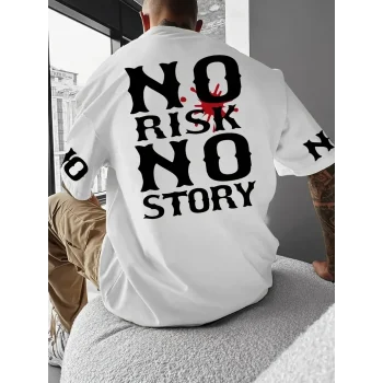 Luz&Pos No Risk No Story Baskılı Oversize Bisiklet Yaka T-shirt - Beyaz