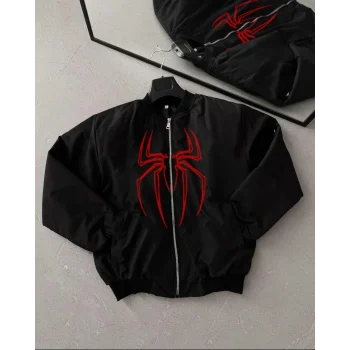 Luz&Pos Örümcek Desenli Siyah Bomber Mont – Unisex Kullanıma Uygun, Fermuarlı Cepli, Kapitone Astarlı, Bahar Kış Günlük Giyim İçin Moda Ceket Modeli - Siyah