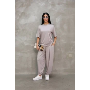 Luz&Pos Osy Modal Yumuşak Dokulu Kumaş Oversize Bisiklet Yaka T-shirt Jogger Eşofman Altı Eşofman Takımı - Gri