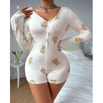 Luz&Pos  Pamuklu Beyaz Ayıcık Desenli Düğmeli Uzun Kol Tulum Pijama