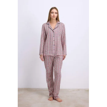 Luz&Pos Pamuklu Uzun Kol Düğmeli Gömlek Ve Ekose Pantolon Pijama Takımı