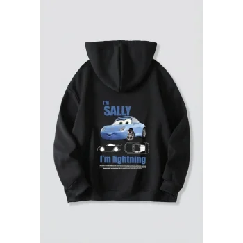 Luz&Pos Sevgililer Günü Özel Kapüşonlu Araba Baskılı Oversize Sweatshirt - Siyah