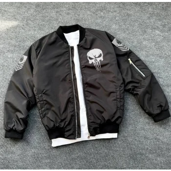 Luz&Pos Siyah Askeri Tarz Bomber Mont – Unisex, Punisher Skull Detaylı, Fermuarlı, Cepli, Uzun Kollu, Bahar Ve Kış Günlük Moda İçin Uygun - Siyah