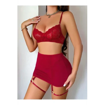 Luz&Pos Transparan Kırmızı Dantel İşlemeli Fantezi Bacak Bantlı Etekli Jartiyer Takımı
