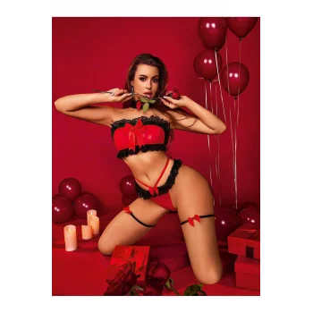 Luz&Pos Transparan Siyah-kırmızı Fantezi Bacak Bantlı Sütyen Külot Takımı