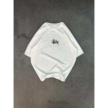 Luz&Pos Unisex Bisiklet Yaka Baskılı Oversize T-shirt - Beyaz