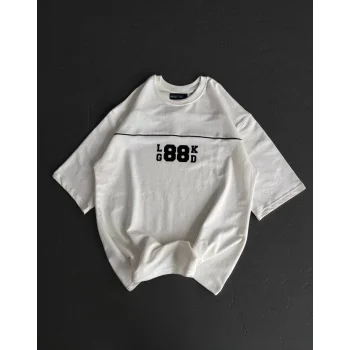 Luz&Pos Unisex Bisiklet Yaka Baskılı Oversize T-shirt - Beyaz