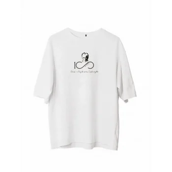 Luz&Pos Unisex Bisiklet Yaka Baskılı Oversize T-shirt - Beyaz