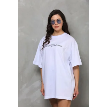 Luz&Pos Unisex Bisiklet Yaka Baskılı Oversize T-shirt - Beyaz