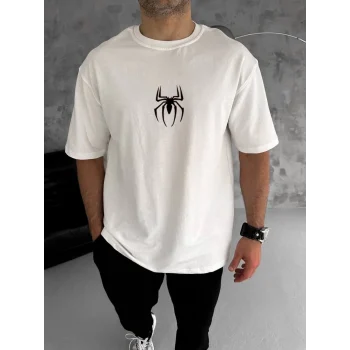 Luz&Pos Unisex Bisiklet Yaka Baskılı Oversize T-shirt - Beyaz