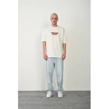 Luz&Pos Unisex Bisiklet Yaka Baskılı Oversize T-shirt - Beyaz