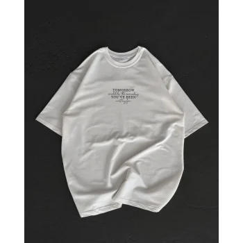 Luz&Pos Unisex Bisiklet Yaka Baskılı Oversize T-shirt - Beyaz