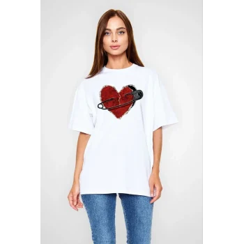 Luz&Pos Unisex Bisiklet Yaka Baskılı Oversize T-shirt - Beyaz