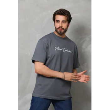 Luz&Pos Unisex Bisiklet Yaka Baskılı Oversize T-shirt - Füme