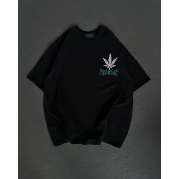 Luz&Pos Unisex Bisiklet Yaka Baskılı Oversize T-shirt - Siyah