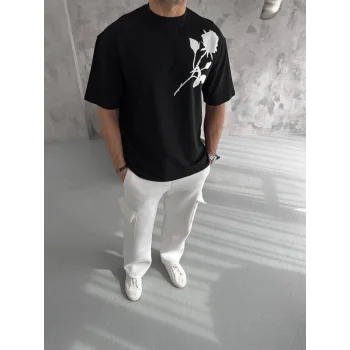 Luz&Pos Unisex Bisiklet Yaka Baskılı Oversize T-shirt - Siyah