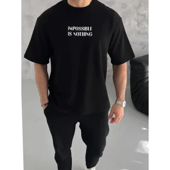 Luz&Pos Unisex Bisiklet Yaka Baskılı Oversize T-shirt - Siyah