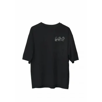 Luz&Pos Unisex Bisiklet Yaka Baskılı Oversize T-shirt - Siyah