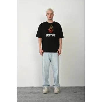 Luz&Pos Unisex Bisiklet Yaka Baskılı Oversize T-shirt - Siyah