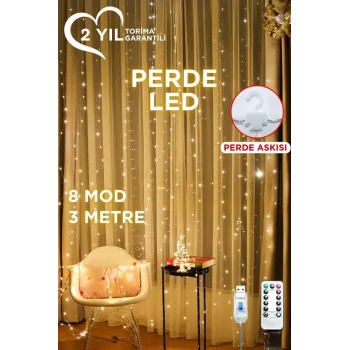 Lw-7 300 Ledli 10 Sarkıt Perde Led Işık, 8 Modlu Uzaktan Kumandalı, 3x3 Metre Peri Telli Led