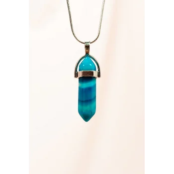 Mavi Akik Doğal Taşı Zincirli El Yapımı Tasarımlı Kolye Uç: 3,5 cm Zincir: 20 cm Kutulu