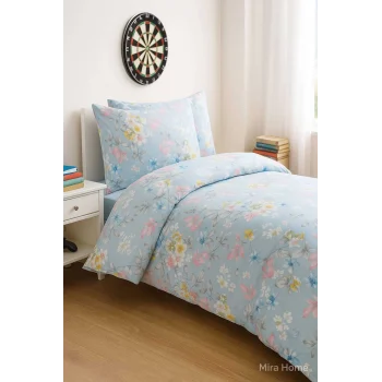 Mavi Çiçek Desenli Pamuklu Tek Kişilik Nevresim Takım