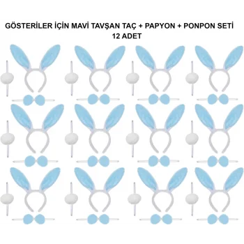 Mavi Tavşan Kostüm Seti – Taç, Papyon, Ponpon (12’li Paket)