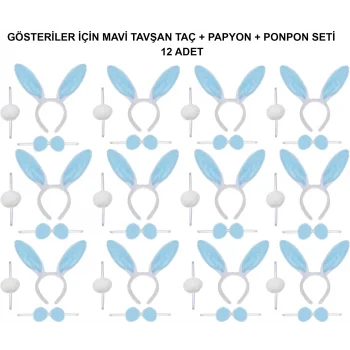 Mavi Tavşan Kostüm Seti – Taç, Papyon, Ponpon (12’li Paket)