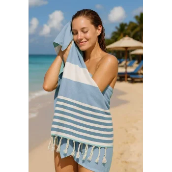 Mimoza Unisex Peştemal Plaj Havlusu 100x180 Cm &#37;100 Pamuklu Soft Mavi-Açık Mavi
