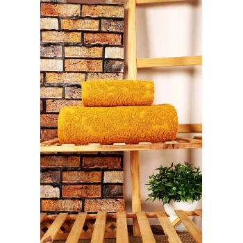 Mira Home 2 Parça Jakarlı Banyo Havlu Takımı Doku Desen Sarı