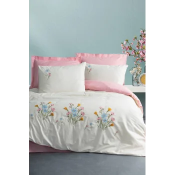 Nakışlı Ranforce Çift Kişilik Nevresim Takımı Delbin Pembe