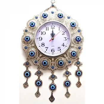 Nazar Boncuklu Gümüş Kaplama Solmaz Kararmaz Duvar Saati
