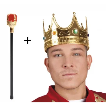 Altın Renk 60cm Kral Tacı Kraliyet Tacı ve Kırmızı Topuzlu Kral Asası Seti